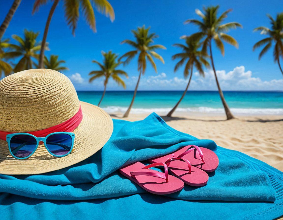 A vibrant beach scene featuring an array of stylish bikini accessories like chic sunglasses, colorful beach towels, cute flip-flops, and a fashionable sunhat, all set against a bright blue ocean backdrop. Sunlight sparkles on the water, with palm trees swaying gently in the breeze, inviting a sense of summer fun and relaxation. super-realistic. vibrant colors. bright background.