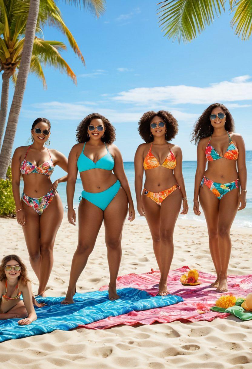 A sun-soaked beach scene showcasing diverse women of different body types modeling the latest bikini styles for summer 2023, with vibrant colors and playful patterns. Include accessories like sunglasses and beach towels, and bright tropical flowers in the foreground. The ocean waves gently lap at the shore, creating a fun and lively atmosphere. Capture the essence of summer with a joyful and carefree vibe. super-realistic. vibrant colors. tropical theme.
